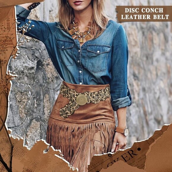 Women Vintage Disc Waist Concho Leather Belt Boho Waist Belt Leopard Bronze main image 5